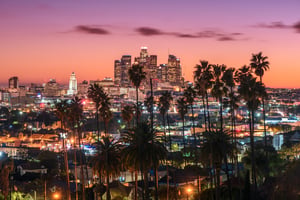 View of downtown Los Angeles at sunset from an elevated position in East Los Angeles. The sky is bright with deep orange and red tones. On the left, Los Angeles City Hall stands out with a white-lit top. Other tall buildings appear in the distance with some windows illuminated. In the foreground, the tops of palm trees partially block the lower parts of the buildings, indicating the viewpoint is from a hillside looking toward the city.